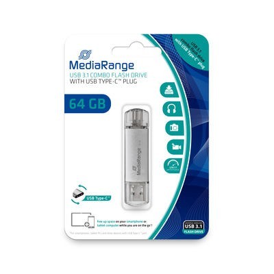 Pendrive MediaRange combo memory stick 64 GB USB A 3.2 USB C 3.2 argento