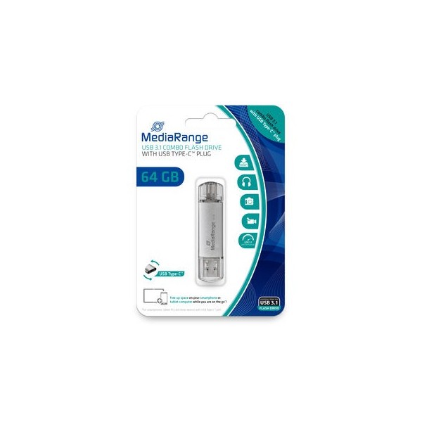 Pendrive MediaRange combo memory stick 64 GB USB A 3.2 USB C 3.2 argento