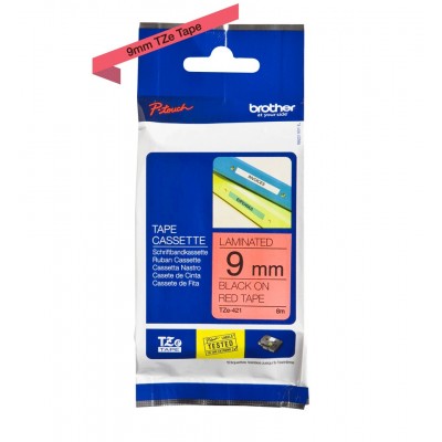 Nastro Brother Laminato Nero Su Rosso TZe-421 TZ-421 9mm x 8m