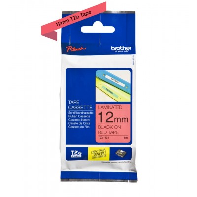 Nastro Brother Laminato Nero Su Rosso TZe-431 TZ-431 12mm x 8m