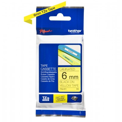 Nastro Brother Laminato Nero Su Giallo TZe-611 TZ-611 6mm x 8m