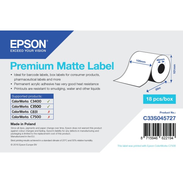 Etichette Epson Bianco C33S045727 S045727 105mm x 35m