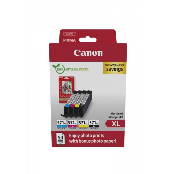 Value Pack Canon nero / ciano / magenta / giallo CLI-571 XL + 10x15 cm Fotopapier